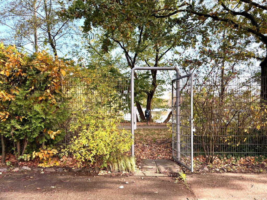 Silberner Gitterzaun mit offener Gittertür führt hin zum idyllischen See